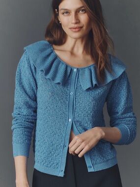 Maeve Blue Ruffled-Collar Knit Cardigan